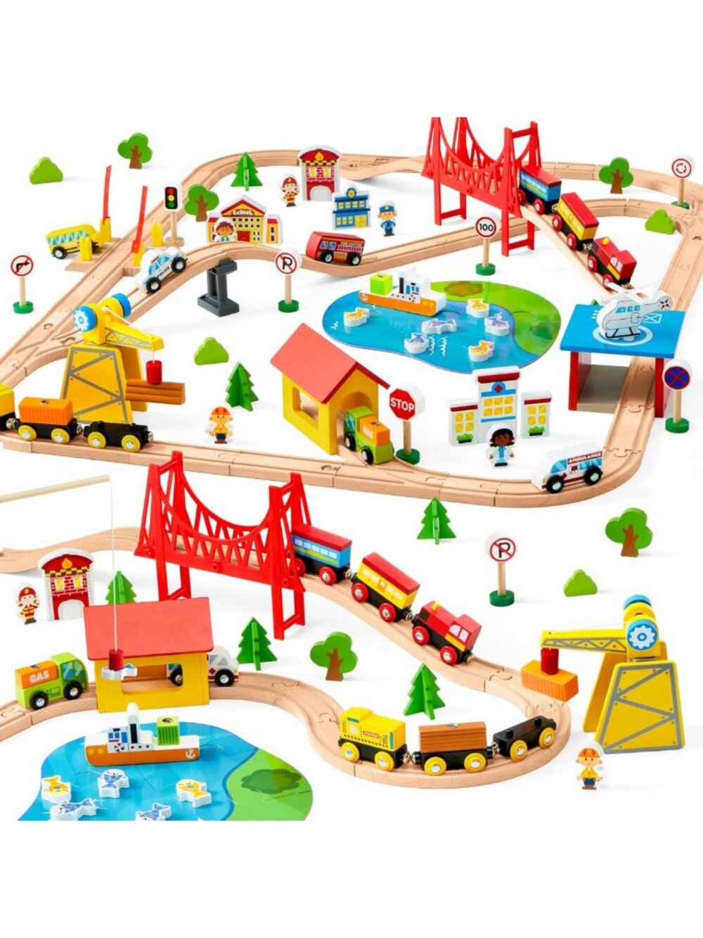 110PCS Magnetic Wooden Train Set with Track - Fun City Railway Toy for Kids 3-8